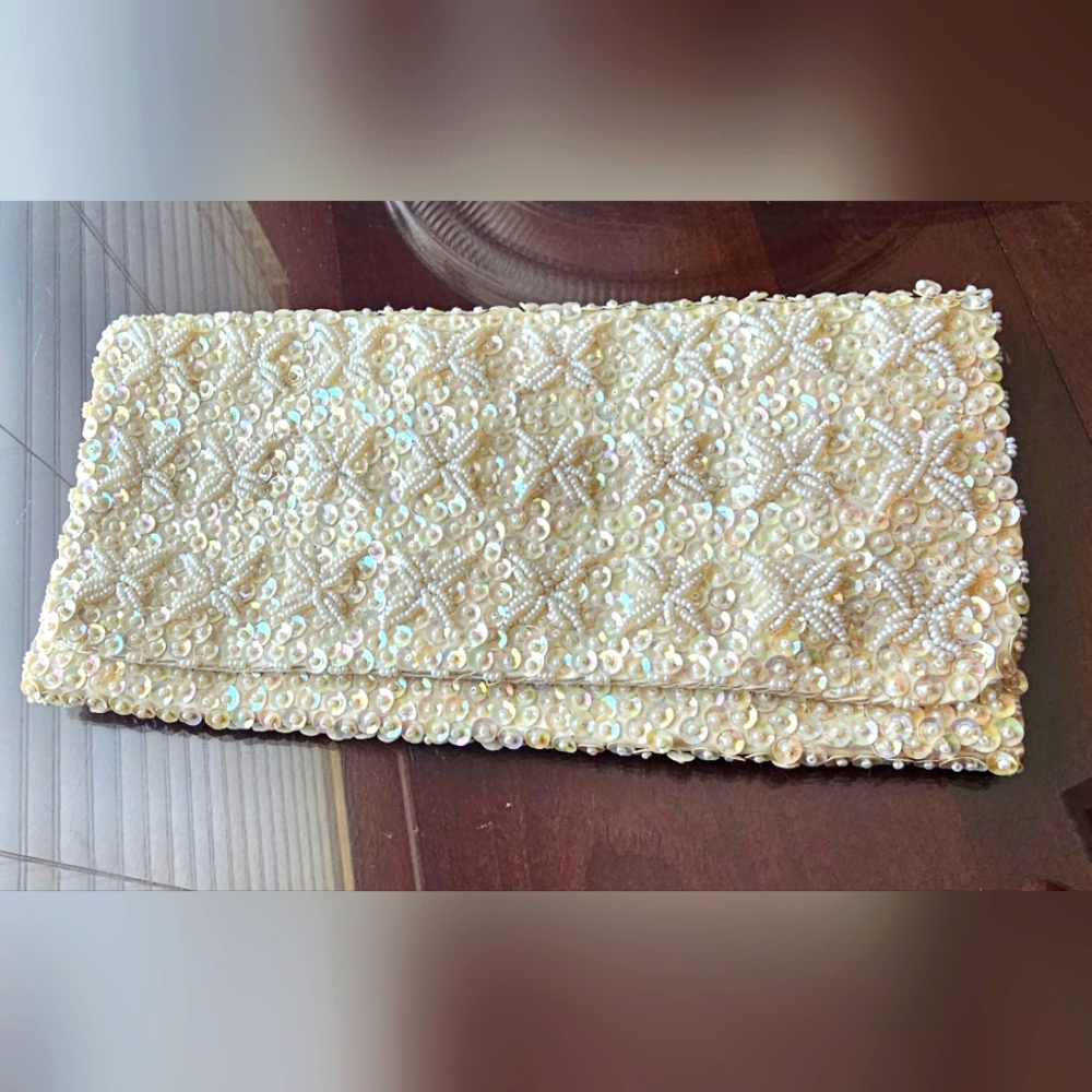 Vintage Bonsoir Sequin Evening  Clutch-Satin W/White & Cream Italian Beads